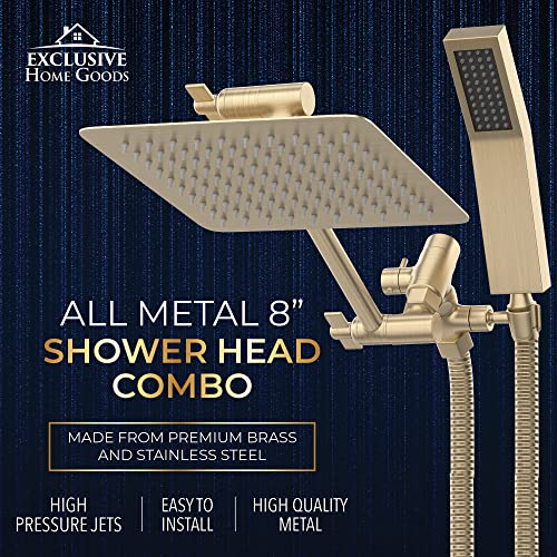 All Metal Shower Head 8" Dual Square Shower Head With Handheld Wand 71in Hose Set