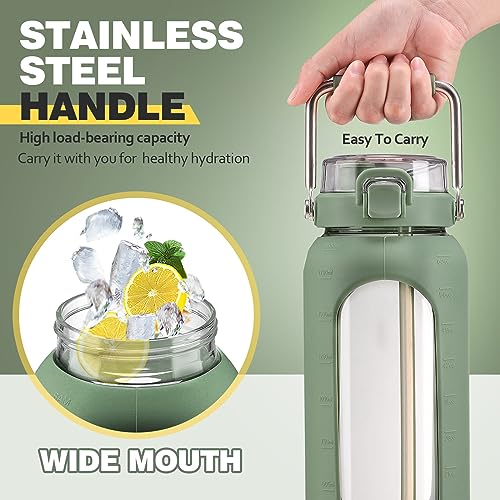 64oz Water Bottle Glass with Stainless Steel Handle Large Water Bottle with Time Markers and Silicone Sleeve Half Gallon Water Jug BPA Free for Gym Daily Use