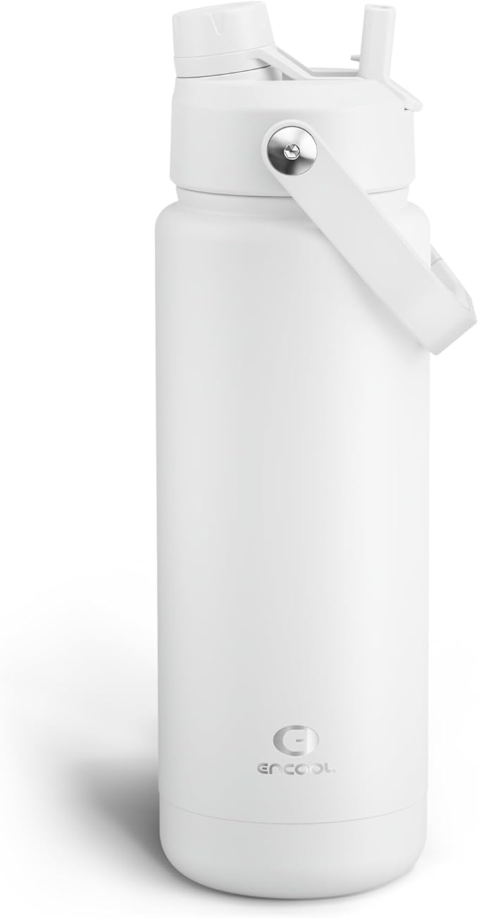 ENCOOL Insulated Water Bottle with Straw Stainless Steel Water Bottle, Leak-Proof, BPA-Free, Double Wall Vacuum Keeps Cold for 24 Hours for Sports, Travel, School (32 oz, Polar White)
