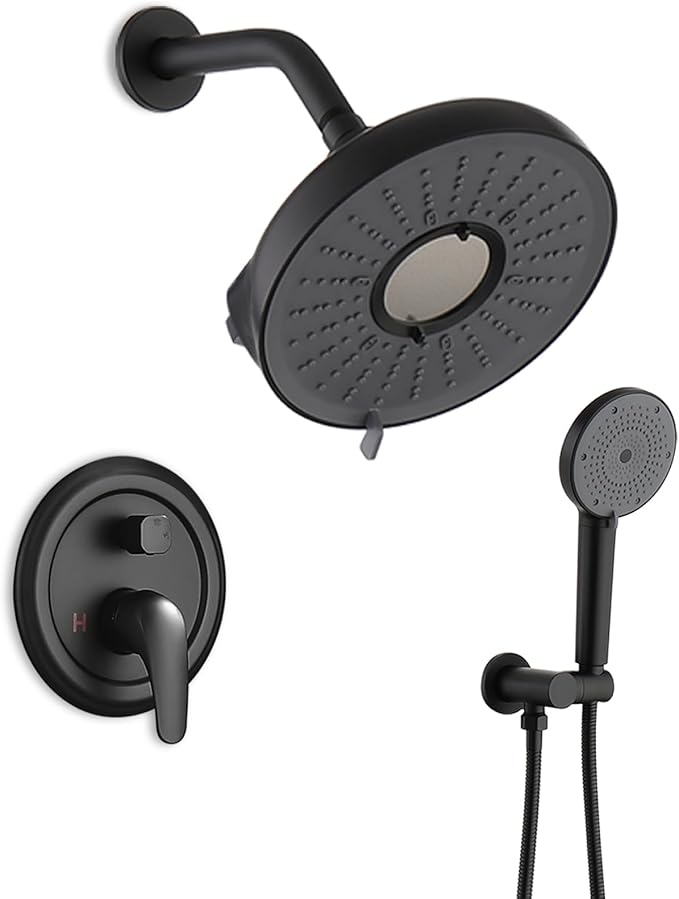 Shower System, Wall Mounted Shower Faucet Set with Filter, High Pressure Rain Shower Head with Handheld Spray Combo with Filter for Hard Water, Matte Black Circular Valve