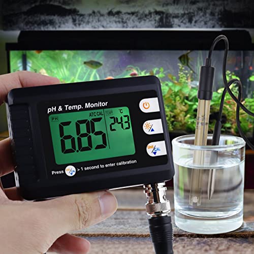2 in 1 pH & Temperature Meter Digital pH Monitor Dual Display Water Quality Tester with ATC and Automatic Calibration Function