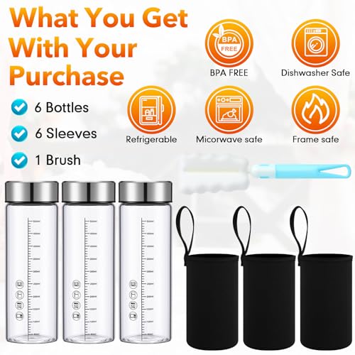 6 Pack 16 Oz Wide Mouth Glass Juice Bottles Glass Water Bottles with Lids and Sleeve for Juicing Smoothies Milk Protein Infused Water Reusable Leakproof Borosilicate Bottle (6 Count)