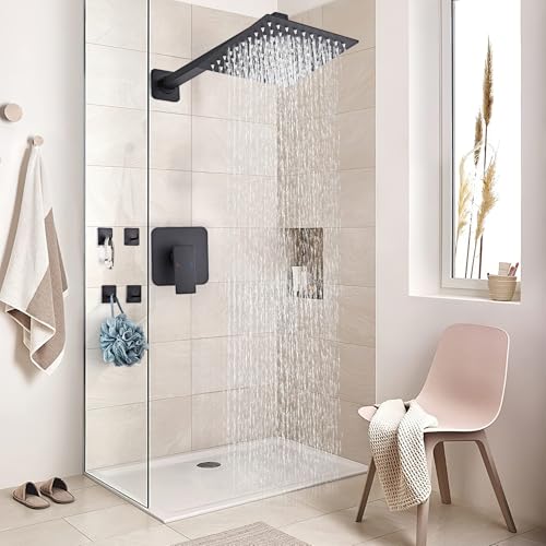 Shower Faucet Set Matte Black Bathroom Rainfall Shower System Wall Mount with 8 Inch Square Shower Head