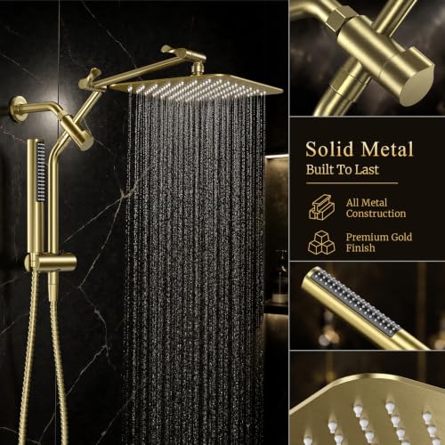 All Metal 10" Luxurious Brushed Gold Rain Shower Head with Handheld