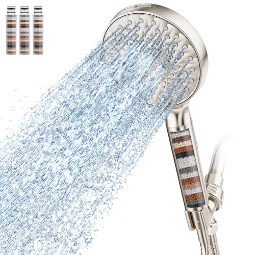 Filtered Shower Head with Handheld High Pressure 9 Spray Mode Showerhead Detachable Shower Head Water Softener Filters Beads for Hard Water Remove Chlorine 4 Filters Brushed Nickel