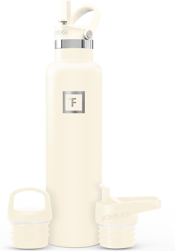 IRON °FLASK Camping & Hiking Hydration Flask with Straw, BPA-Free Insulated Stainless Steel Sports Water Bottle - 24 oz Cashmere Cream
