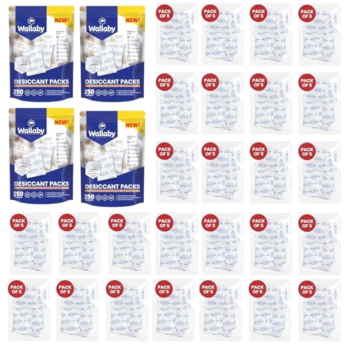 2 gram (1,000 Packets) Food Safe Pure White Silica Gel Desiccant Dehumidifier Packs - Rechargeable & Coated Moisture Absorbers - Protects Against Moisture Damage - (Packed in 200x Sets of 5) (1000 Count)