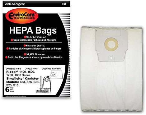 EnviroCare Replacement HEPA Filtration Vacuum Cleaner Bags made to fit Riccar 1400, 1500, 1700, 1800 Series and Simplicity S38, S36, S24, S20 and S18 Canisters 6 pack - AquaVibe