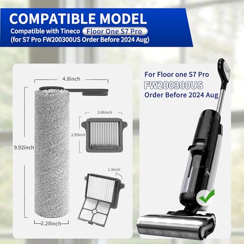 Replacement Roller Brushes & Filters for Tineco S7 Pro FW200300US (4 Count)