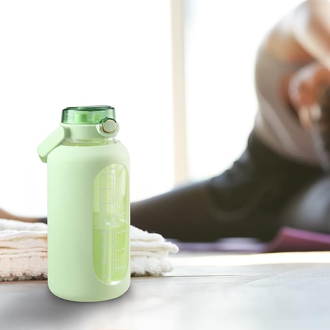 SIEROZUR 64 oz Glass Water Bottle with Straw and Handle Lid Half Gallon Motivational Glass Bottle with Silicone Sleeve and Time Marker Large Reusable Sports Water Jug for Gym Home Workout