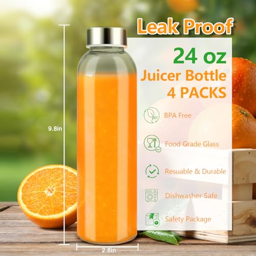 24 oz Clear Glass Juice Bottles with Stainless Steel Lids (4 Count)