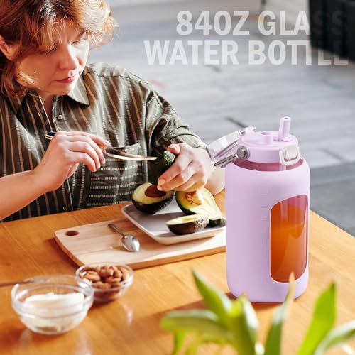 84oz Water Bottle Glass with Stainless Steel Handle Large 2.5l Water Bottle with Time Markers and Silicone Sleeve Half Gallon Water Jug BPA Free for Gym Daily Use