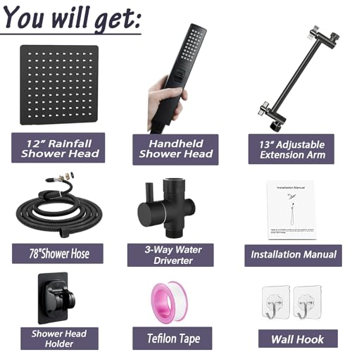 12" High Pressure Square Rain Shower Head and 2