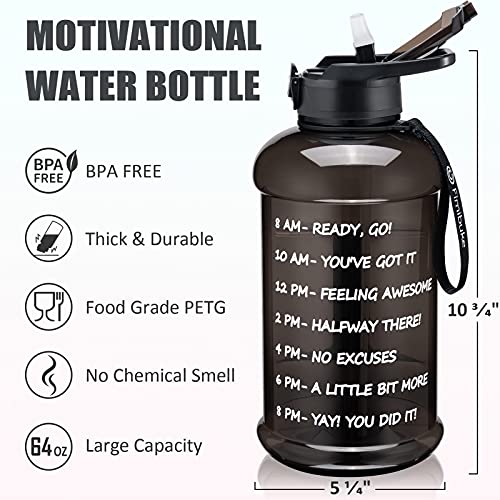 Half Gallon Water Bottle with Sleeve 64 OZ Water Bottle with Handle & Straw Leakproof Motivational Sports Gym Water Bottle with Time Marker BPA Free Water Jug with Neoprene Holder