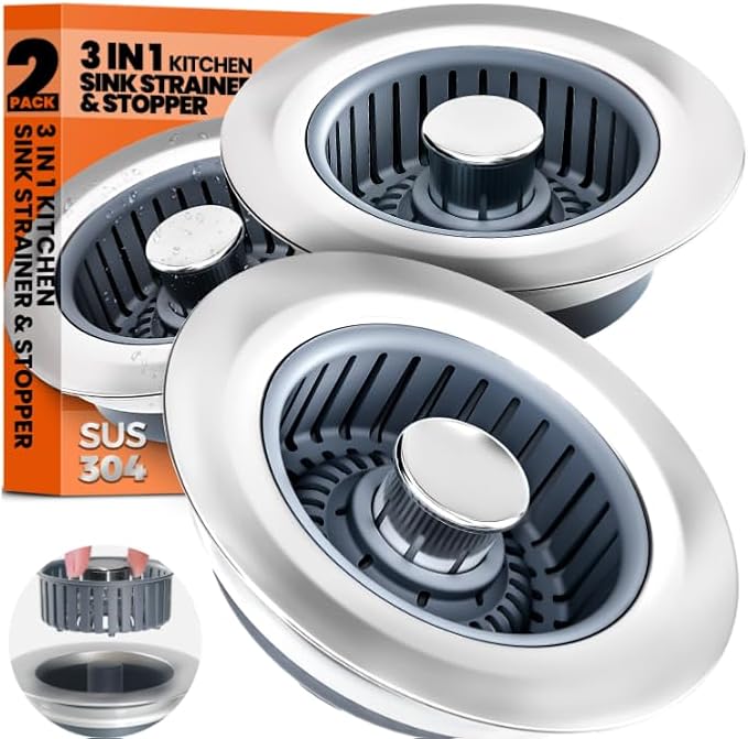 2 Pack 3 in 1 Kitchen Sink Drain Strainer & Sink Stopper, Upgraded Stainless Steel Drain Plug Combo with Anti-Clog Basket, Pop Up Drain Cover for Standard 3-1/2'',Garbage Disposal Parts