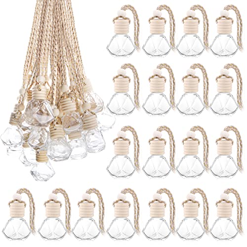 50 Pcs/Set,8ml Hanging Car Air Freshener Diffuser,Empty Clear Glass Essential Oil Fragrance Perfume Diffuser Pendant Glass Vials with Wooden Caps & Hanging String,Diamond Shaped Style (50 Count)