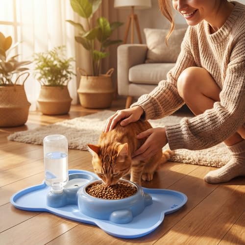 Blue Cat Food and Water Bowl and Non (2 Count)
