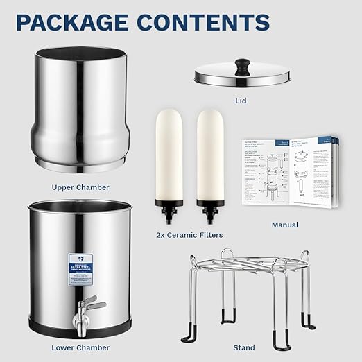 Survivor Filter Ultra Gravity Water Filter System - Stainless Steel Countertop Gravity Fed Water Filter with Stand, 2.25 Gallon, for Home and Outdoors - Removes Bacteria, Viruses, and Parasites
