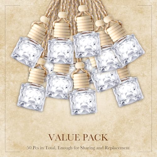 50 Pcs Hanging Car Air Freshener Car Diffuser Bottles Empty Glass Perfume Bottle Freshener Diffuser Bottle Pendant for Essential Oil Fragrance Aromatherapy Ornament (50 Count)