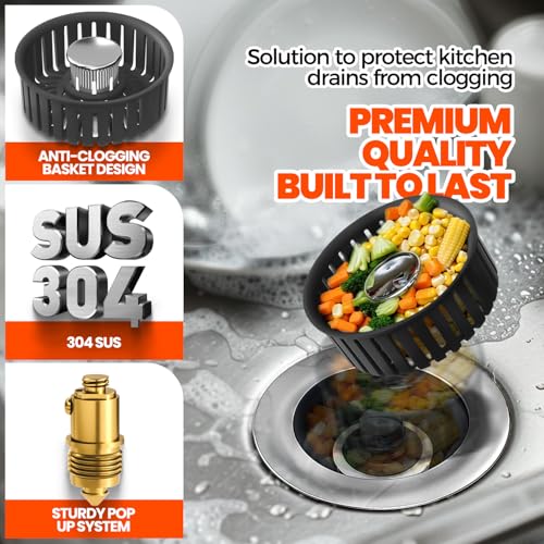 3 in 1 Kitchen Sink Drain Strainer Stopper Basket Pop Up Black