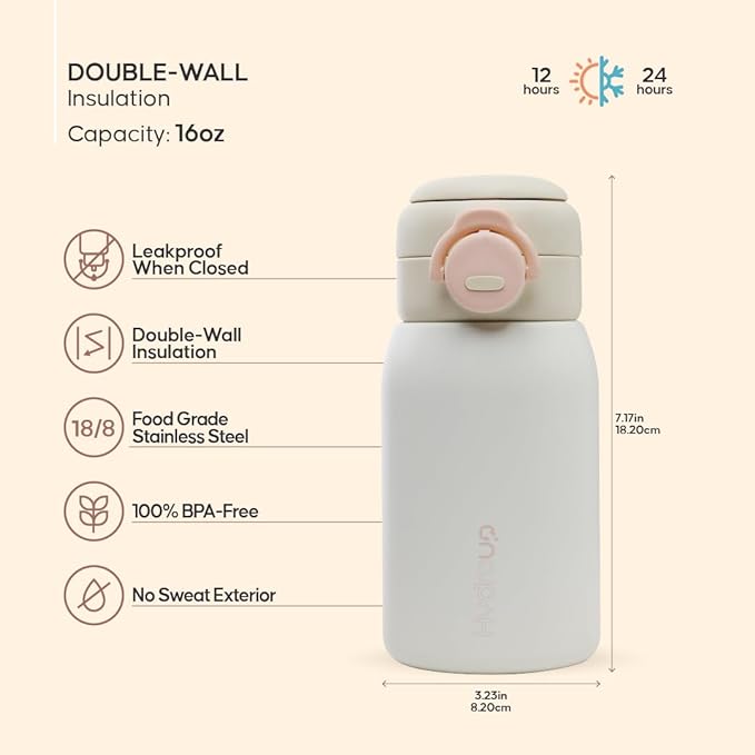 Kids Water Bottle 16oz – Stainless Steel Vacuum Insulated, Leakproof with 2-in1 Straw & Chug Lid, BPA-Free, Durable for School and Sports
