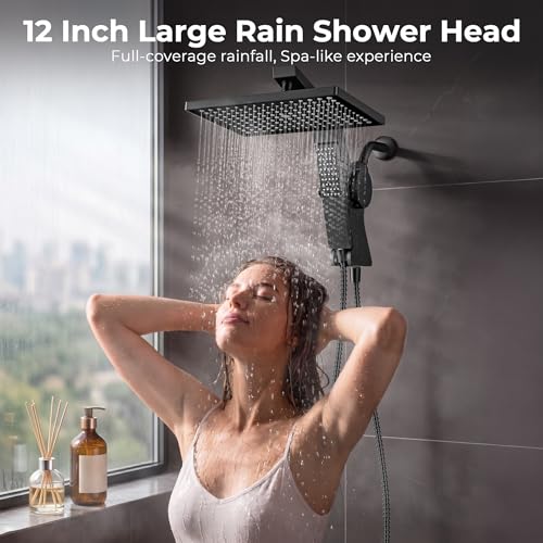 Filtered Rain Shower Head with Handheld Combo High Pressure 12'' Rainfall Shower Heads & Hidden Detachable Wand Dual Showerhead Water Softener for Hard Water Easy Filter Replacement