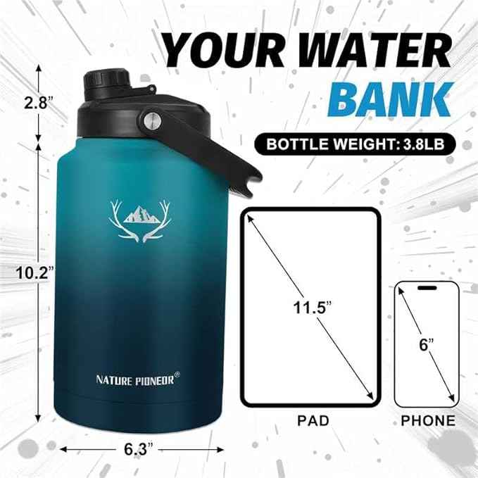 NATURE PIONEOR 1 Gallon Insulated Water Bottle - Double Vacuum Stainless Steel 128 oz Water Bottle with Holder/Carrier, Wide Mouth 1 gallon Water Jug for Outdoor Sports, Hiking, Camping, Gym