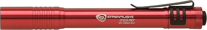 Streamlight 66120 Stylus Pro 100-Lumen White LED Pen Light for Inspectors, Law Enforcement, and Everyday Use with 2 AAA Alkaline Batteries, Red