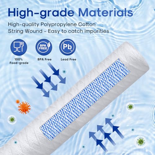 5 Micron 2.5" x 20" Whole House String Wound Polypropylene Sediment Filter for Well Water (6 Count)