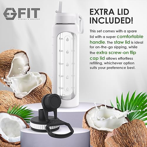 Glass Water Bottle 32 oz with Straw Lid & Time Marker