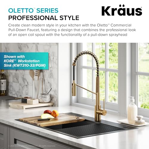 Oletto Commercial Style Single Handle Pull Down Kitchen Faucet with QuickDock Top Mount Installation Assembly in Brushed Brass