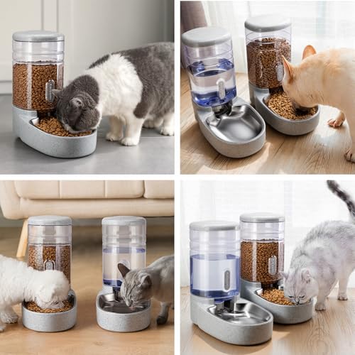 Automatic Cat Feeder and Water Dispenser with Stainless Steel Bowl Gravity Food Feeder and Waterer Set for Small Medium Dog Puppy Kitten 1 Gallon x 2