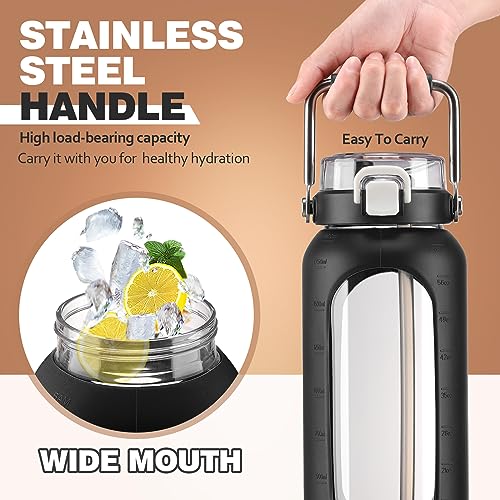 64oz Water Bottle Glass with Stainless Steel Handle Large Water Bottle with Time Markers and Silicone Sleeve Half Gallon Water Jug BPA Free for Gym Daily Use