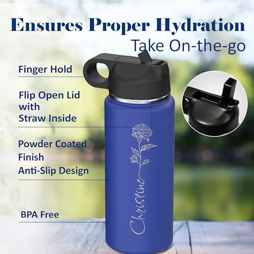 Personalized Birth Flower Name Insulated Stainless Steel Water Bottle 18 oz