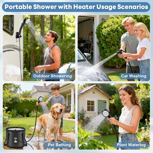 Portable Shower with Heater 1500W Camping Water Heater with Shower Head 3 Spray Modes