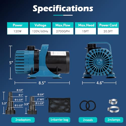 2700 GPH Pond Pump for Fish Pond Fountain & Waterfall
