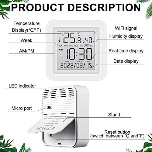 2 Pcs Smart Wireless Temperature Monitor Humidity Monitor Wireless Hygrometer Thermometer Digital Room Compatible with APP Notification Alert and LCD Display House (2 Count)