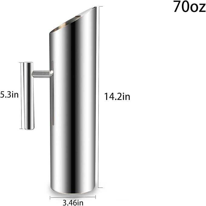 Stainless Steel Water Pitcher Carafe with Ice Guard 70 Ounces Capacity Chrome Plated Mirror Finish by MUGLIO