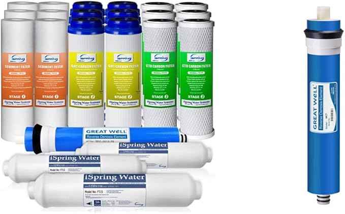 iSpring F22-75 3-Year Replacement Supply Filter Cartridge Pack Set for Standard 5-Stage Reverse Osmosis RO Systems, 22 Piece, White and iSpring Greatwell Reverse Osmosis Membrane 75 GPD 11.75” X 1.75”, Replacement Fits Standard Under Sink RO Drinking W...