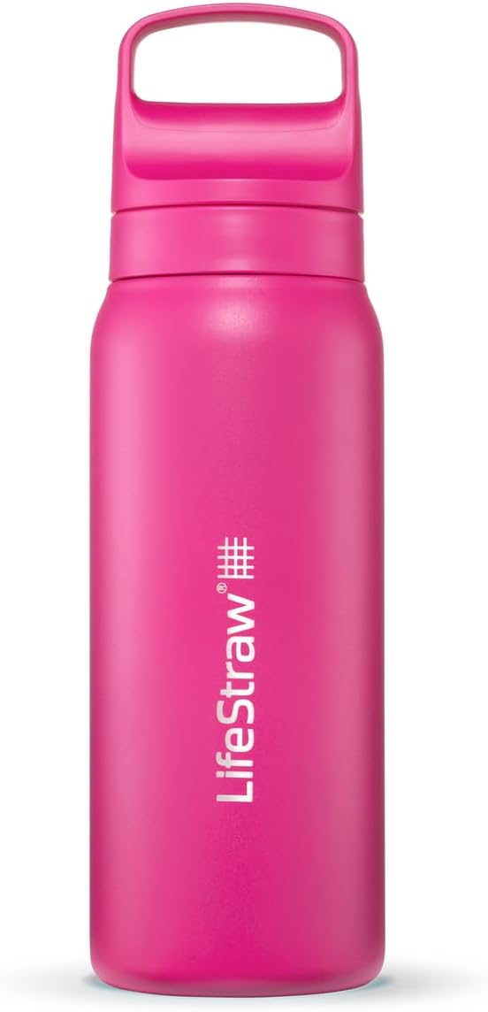 LifeStraw Go Series – Insulated Stainless Steel Water Filter Bottle for Travel and Everyday Use, Removes Bacteria, Parasites and Microplastics, Improves Taste, 24oz Orchid Pink