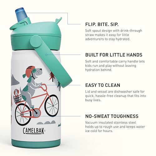 Thrive Flip Straw Kids Bite Valve Stainless Steel Water Bottle Biking Dogs
