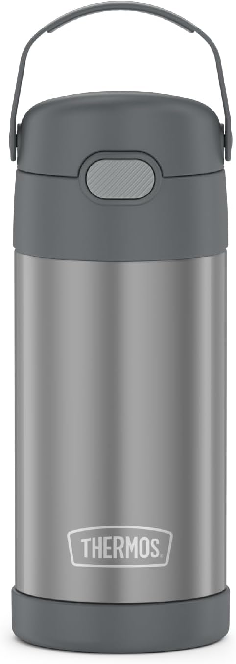 THERMOS FUNTAINER Water Bottle with Straw - 12 Ounce - Kids Stainless Steel Vacuum Insulated Water Bottle with Lid, Grey