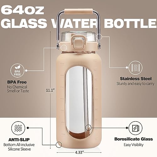 64oz Water Bottle Glass with Stainless Steel Handle Large Water Bottle with Time Markers and Silicone Sleeve Half Gallon Water Jug BPA Free for Gym Daily Use