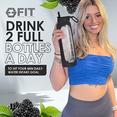 32 oz Glass Water Bottle with Time Marker Straw Lid Big Reusable Leakproof
