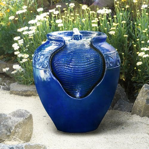 16.96 in. Outdoor Glazed Pot Water Fountain with LED Lights