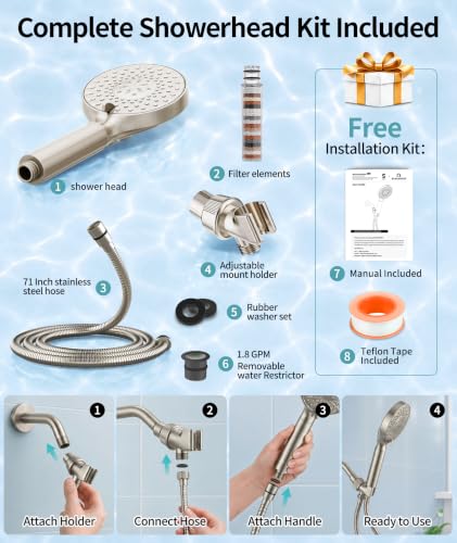 Filtered Shower Head with Handheld High Pressure 9 Spray Mode Showerhead Detachable Shower Head Water Softener Filters Beads for Hard Water Remove Chlorine 1 Filter 1.8GPM Brushed Nickel