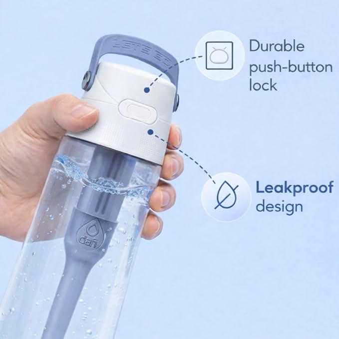 Dafi Filtered Water Bottle with Straw 17 oz - Sports Water Bottle Reusable with Carbon Filter for Gym, Travel, Daily Use - Leakproof, BPA-Free with Hypoallergenic Mouthpiece & Carrying Handle - Gray