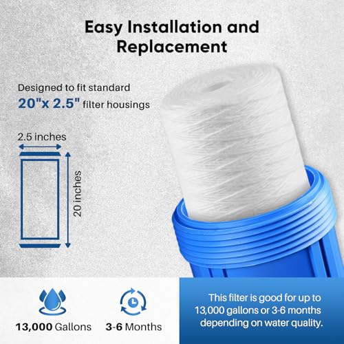 5 Micron 2.5" x 20" Whole House String Wound Sediment Filter for Well Water (6 Count)