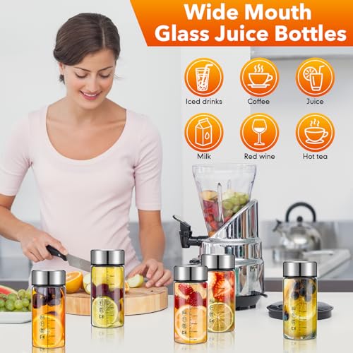 6 Pack 12 Oz Wide Mouth Glass Juice Bottles Glass Water Bottles with Lids and Sleeve for Juicing Smoothies Milk Protein Infused Water Reusable Leakproof Borosilicate Bottle (6 Count)