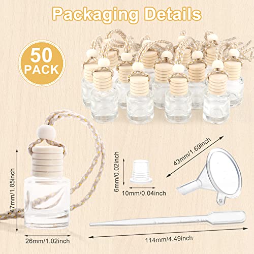 50 Pcs/Set,8ml Hanging Car Air Freshener Diffuser,Empty Refillable Clear Glass Essential Oil Fragrance Perfume Diffuser Pendant Glass Vials with Wooden Caps & Hanging String,Cylindrical Style (50 Count)